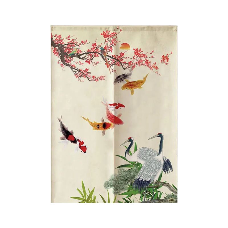 Noren Japonais Avec Carpes Koï Colorées Et Grues Élégantes