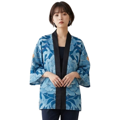 Veste Kimono Bleu En Motif Fleur Géante Artistique