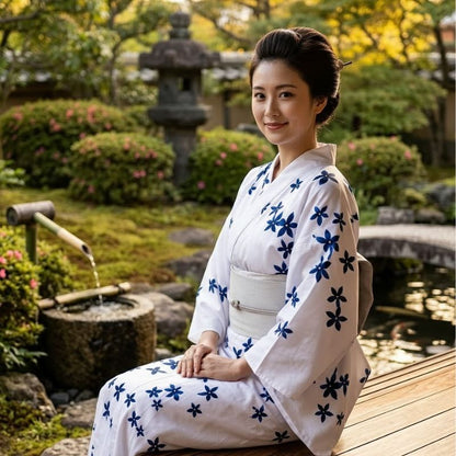 Kimono Traditionnel Blanc Avec Motifs Floraux Bleus