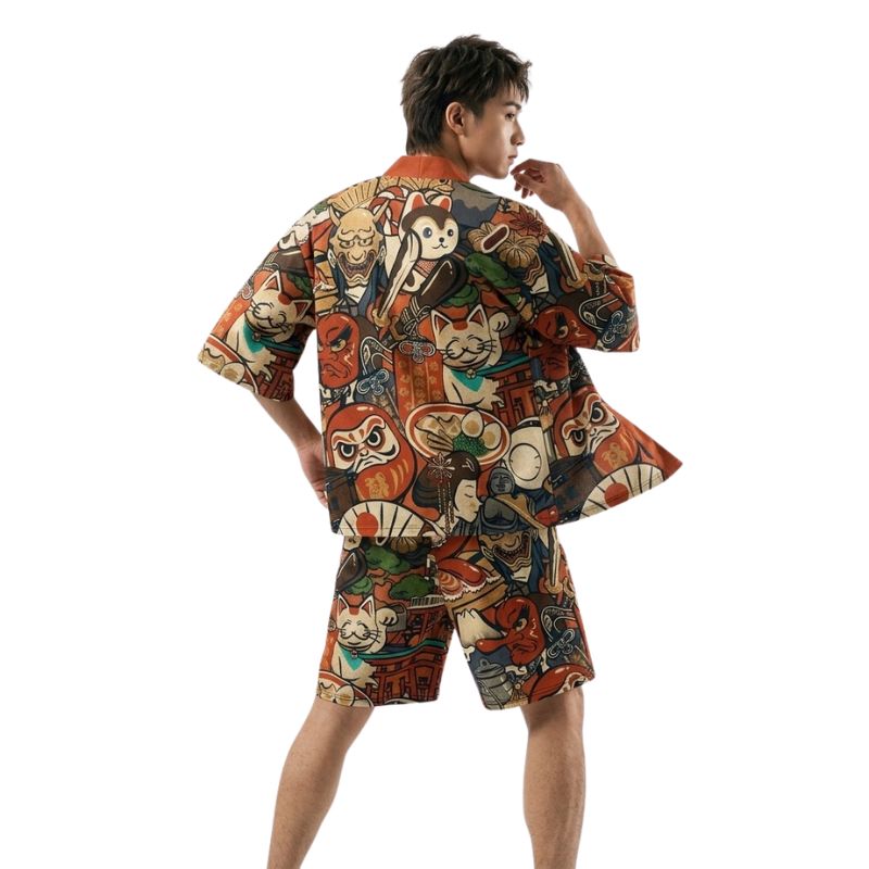 Ensemble Kimono Japonais Avec Illustrations Multicolores