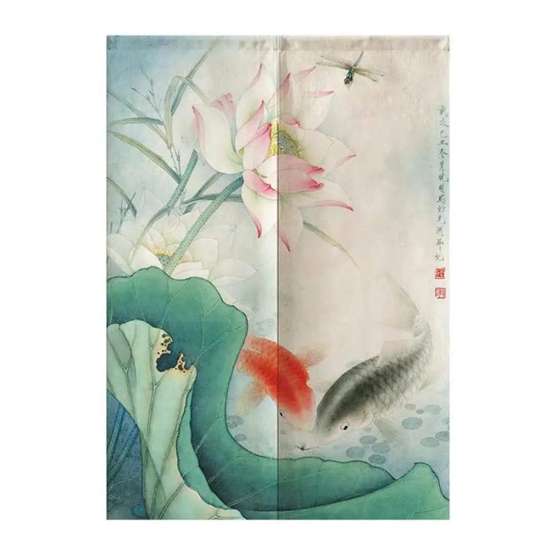 Noren Japonais Avec Fleur De Lotus Élégante Et Carpes Koï Artistiques