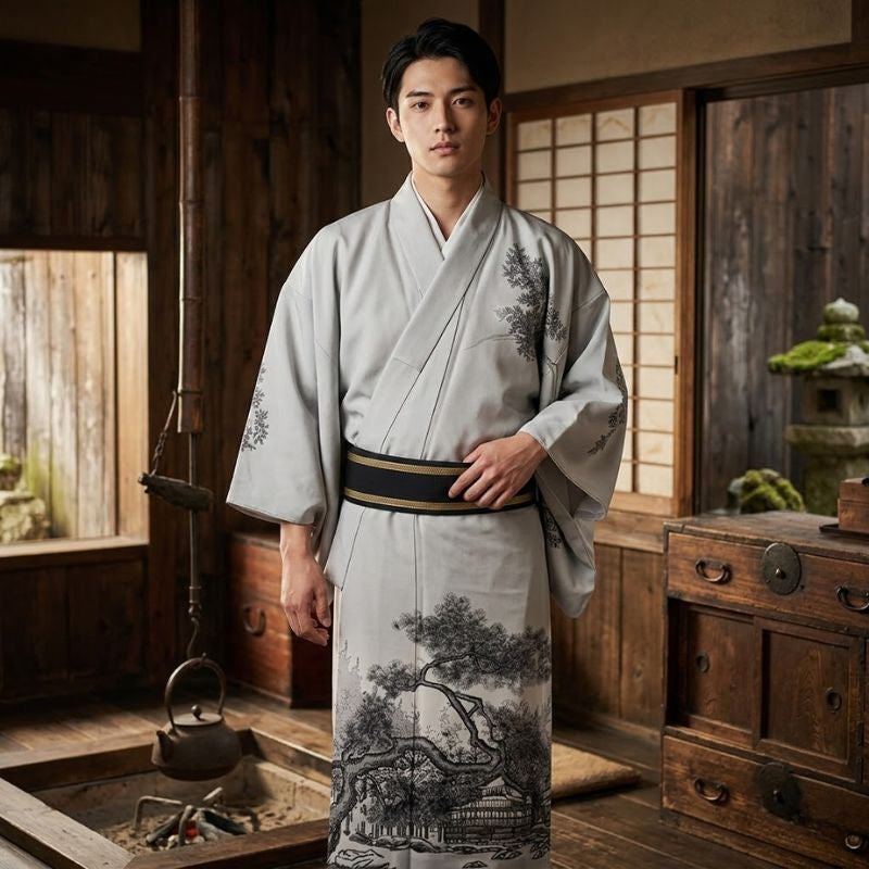 Kimono Japonais Gris Clair Avec Motif Paysage