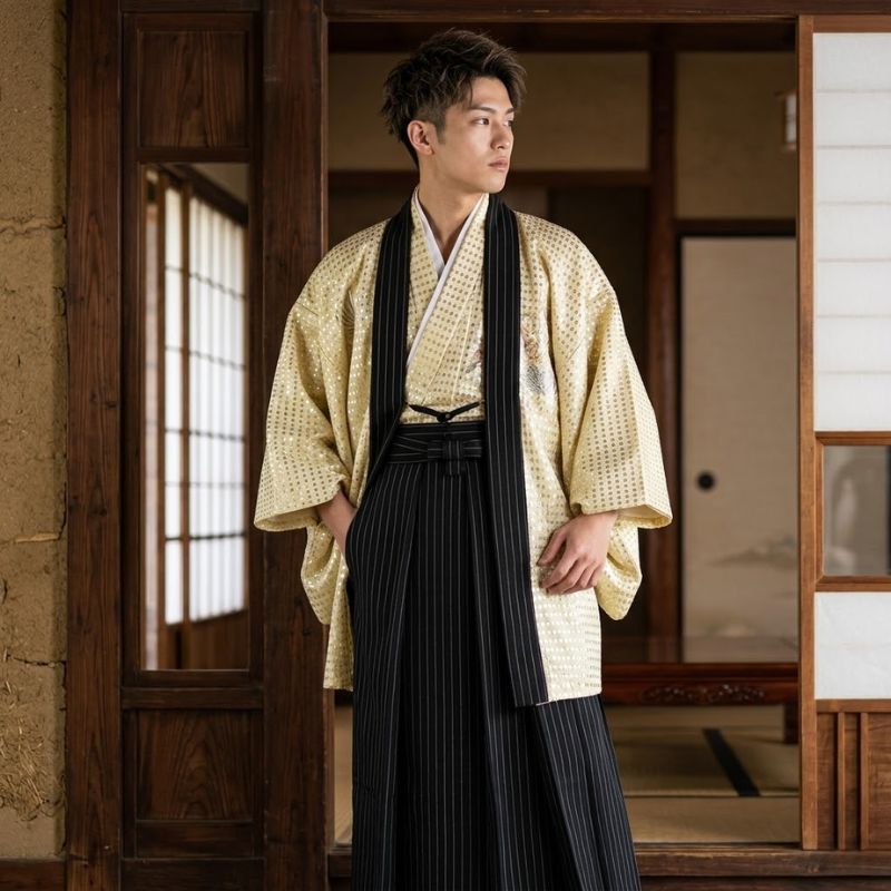 Kimono Japonais Traditionnel Avec Haori Clair Et Hakama Rayé