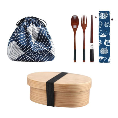 Boîte Bento Japonaise En Bois Avec Sac & Couverts