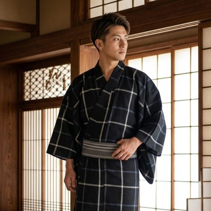 Kimono Japonais Long À Carreaux Avec Ceinture Obi Élégante