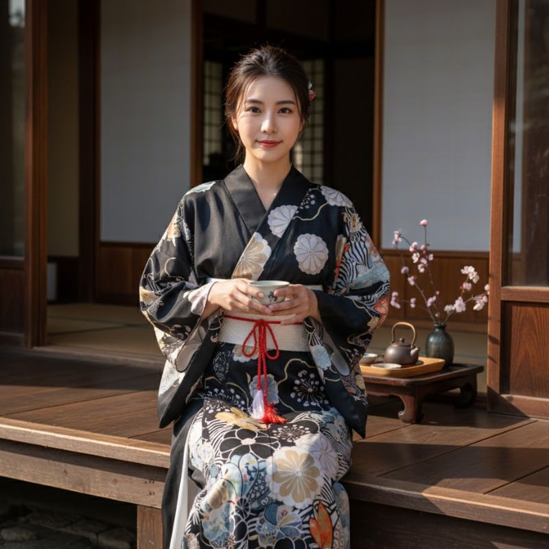 Kimono Traditionnel Noir Avec Motifs Japonais Et Ceinture Obi