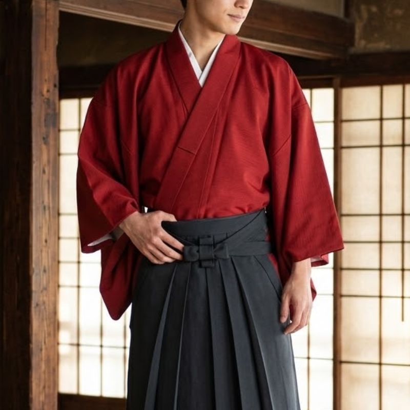 Kimono Japonais Traditionnel Rouge Avec Hakama Noir Élégant