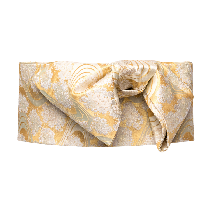Ceinture Obi Brocart Blanc Et Or Avec Motifs Floraux