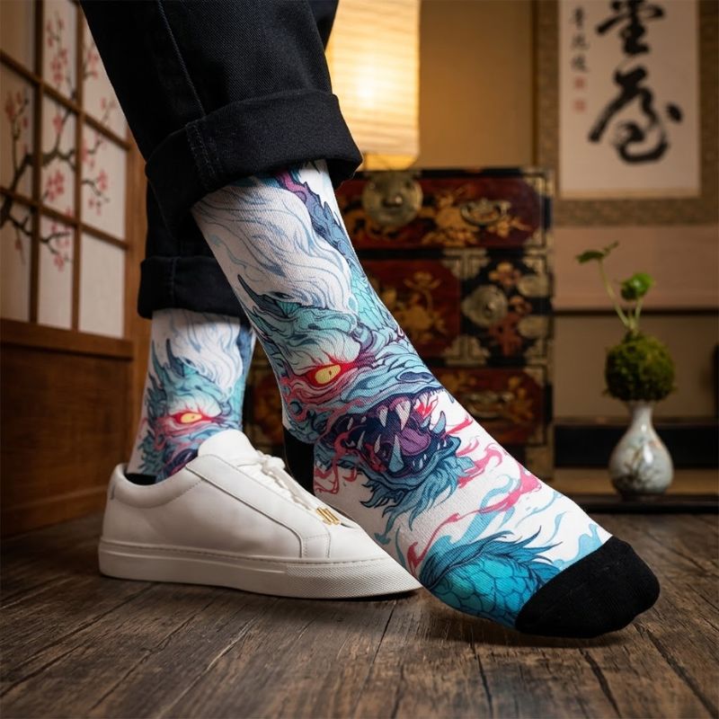 Chaussette Japonaise Imprimé Dragon Bleu Aux Yeux Rouge
