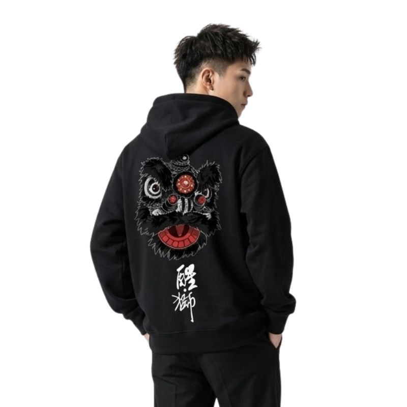 Sweat Japonais Noir Avec Masque Lion Et Calligraphie Traditionnelle