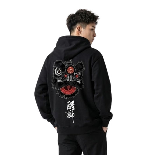 Sweat Japonais Noir Avec Masque Lion Et Calligraphie Traditionnelle