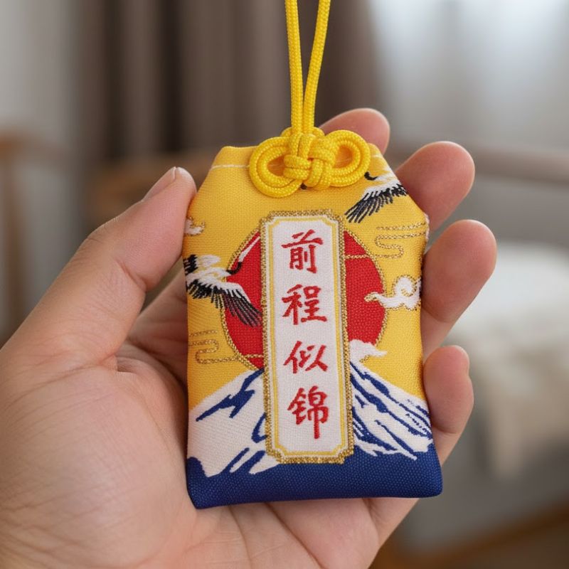 Omamori Japonais Jaune À Motif Montagne