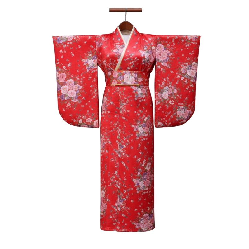 Kimono Traditionnel Rouge Avec Motifs Floraux Japonais