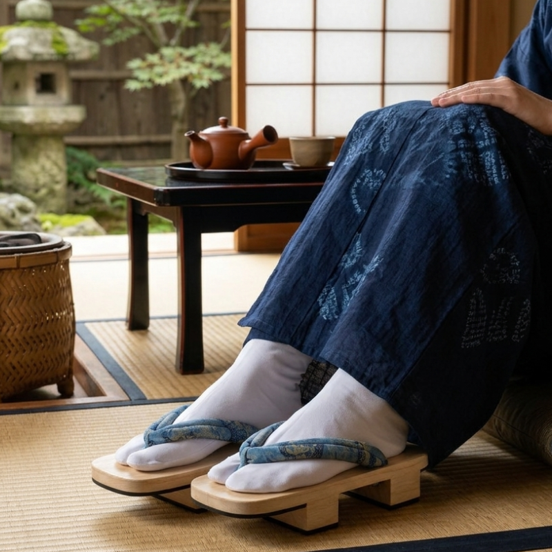 Sandales Geta Japonaises En Bois Naturel Avec Bride Imprimée