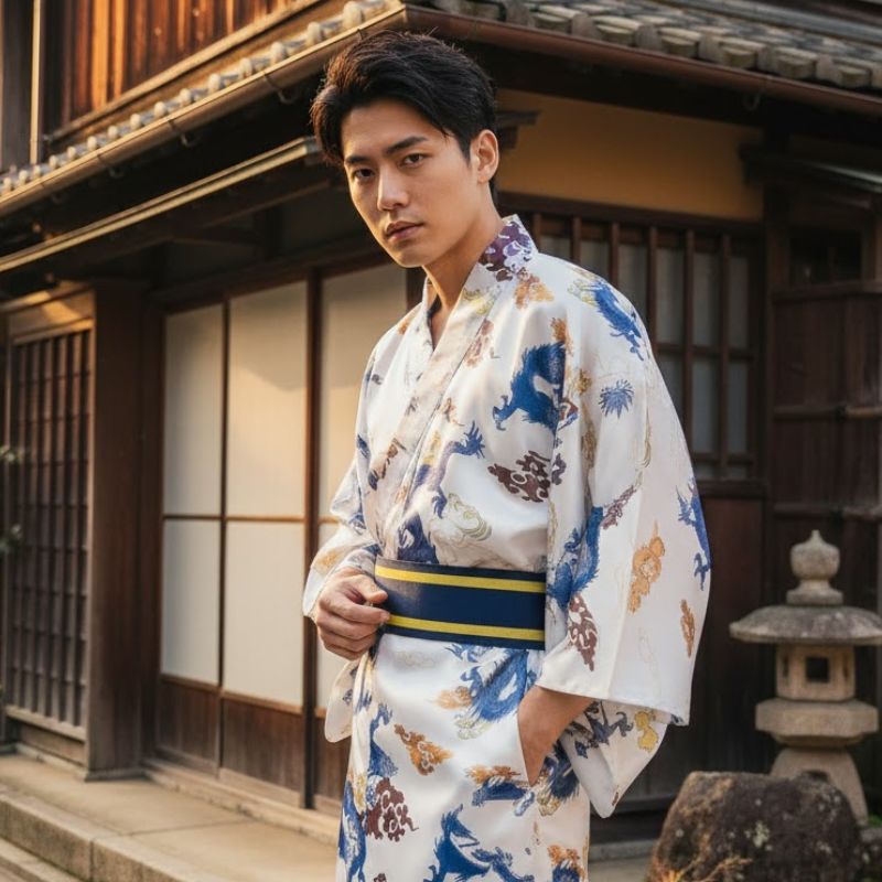 Kimono Japonais Clair Satiné Avec Motifs Dragons Et Ceinture Obi