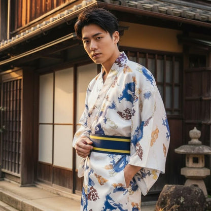 Kimono Japonais Clair Satiné Avec Motifs Dragons Et Ceinture Obi