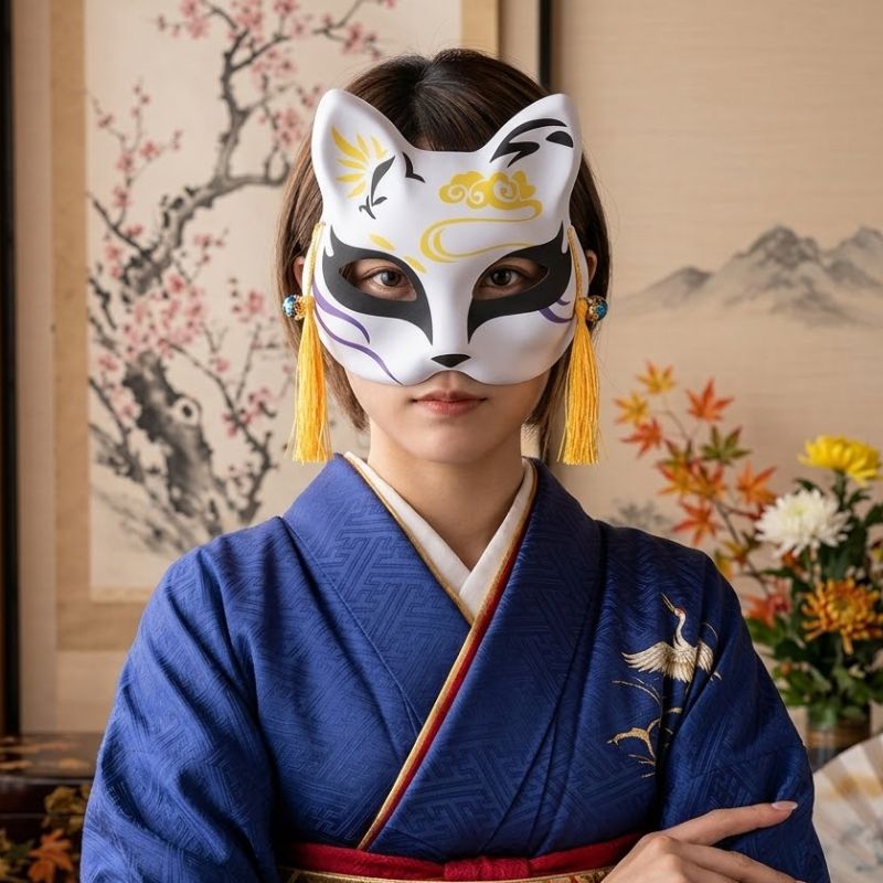 Masque Kitsune Traditionnel Avec Finitions Contrastées
