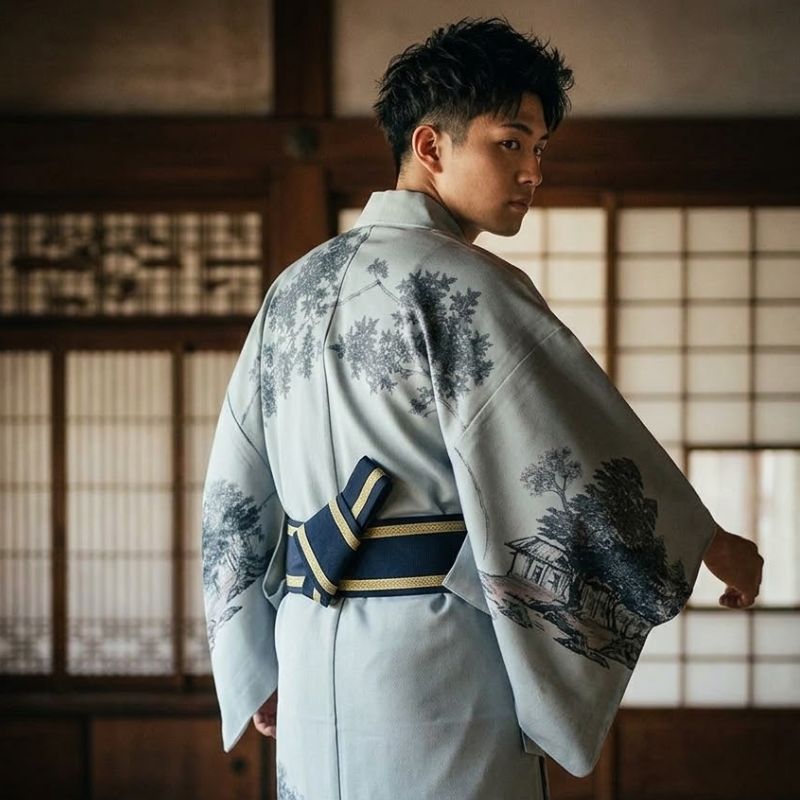 Kimono Japonais Gris Clair Avec Motif Paysage