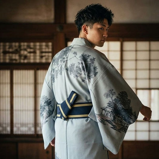 Kimono Japonais Gris Clair Avec Motif Paysage