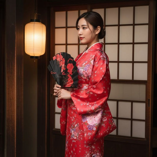 Kimono Traditionnel Rouge Avec Motifs Floraux Japonais