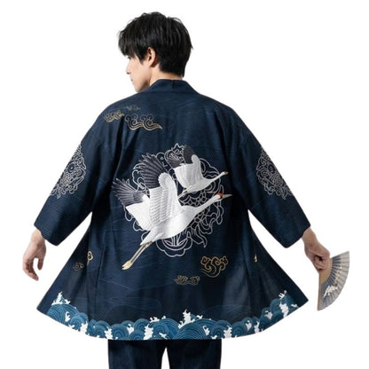 Haori Homme Style Japonais Noir Imprimé Grues Volantes