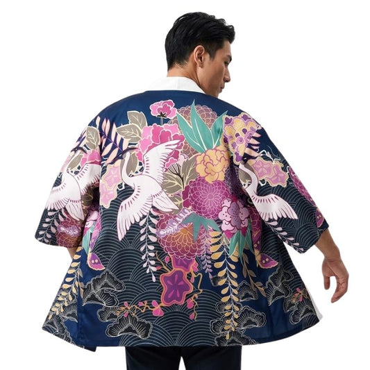 Haori Homme Japonais Motifs Floraux et Grues Symboliques