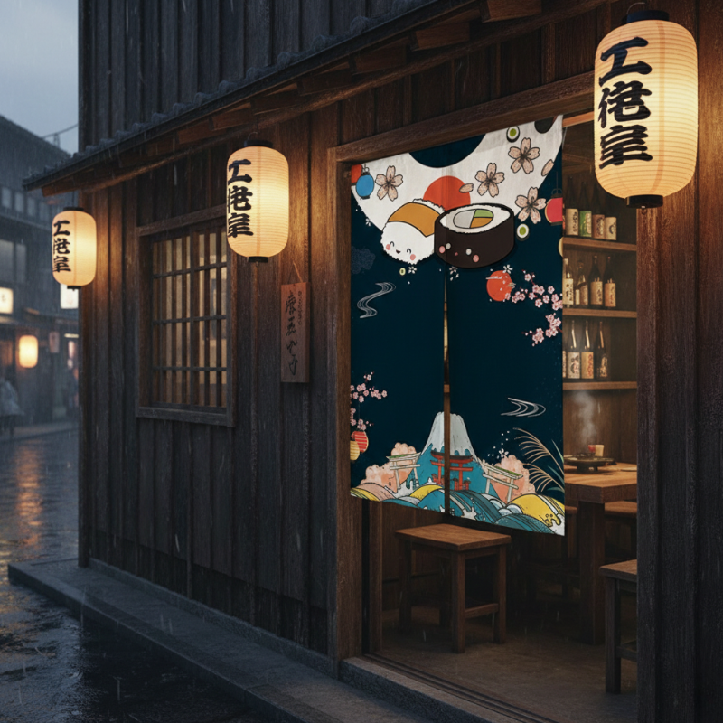 Noren Japonais Avec Motif Sushi Kawaii Et Mont Fuji Traditionnel