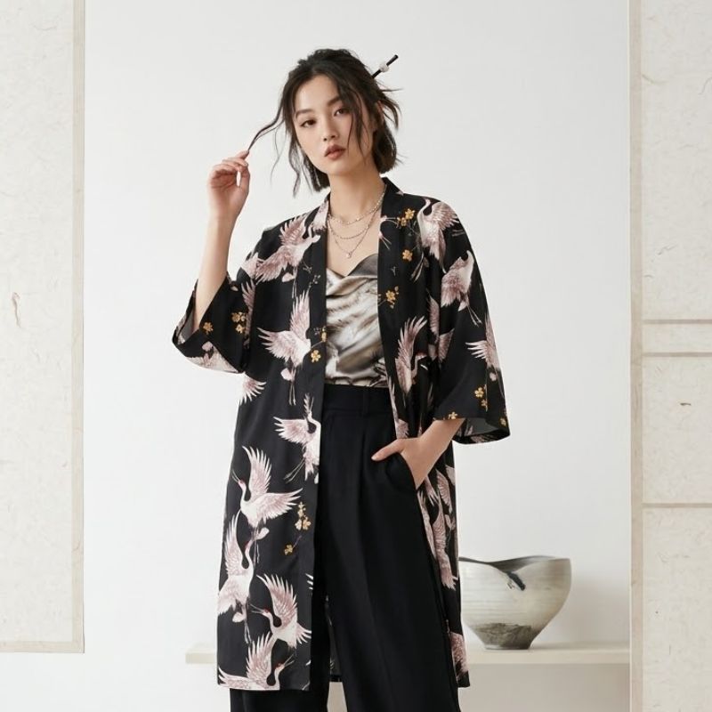 Veste Kimono Noir En Motif Grues Japonaises