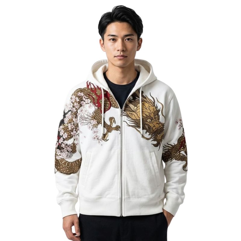 Sweat Japonais Zippé Avec Motif Dragon Traditionnel