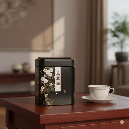 Boîte à Thé Japonaise Noire au Design Floral