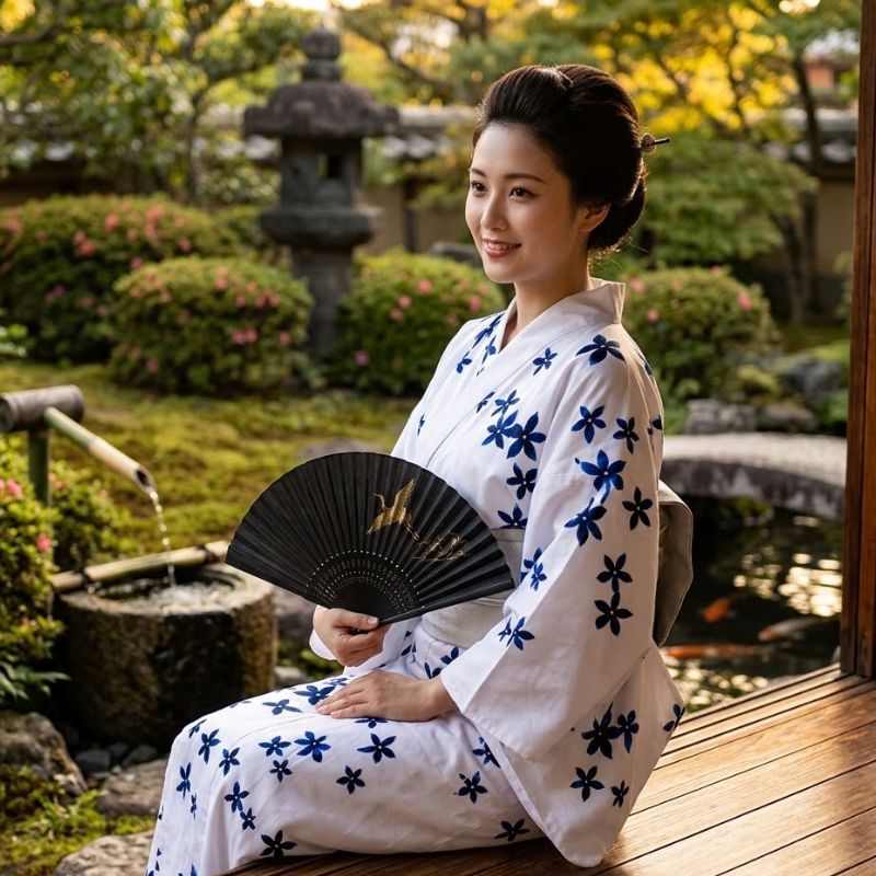 Kimono Traditionnel Blanc Avec Motifs Floraux Bleus