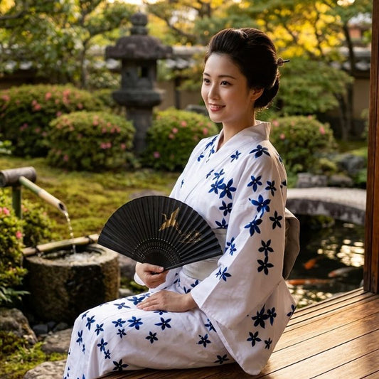 Kimono Traditionnel Blanc Avec Motifs Floraux Bleus