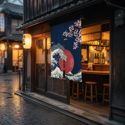 Noren Japonais Avec Vague Hokusai Et Fleurs Sakura