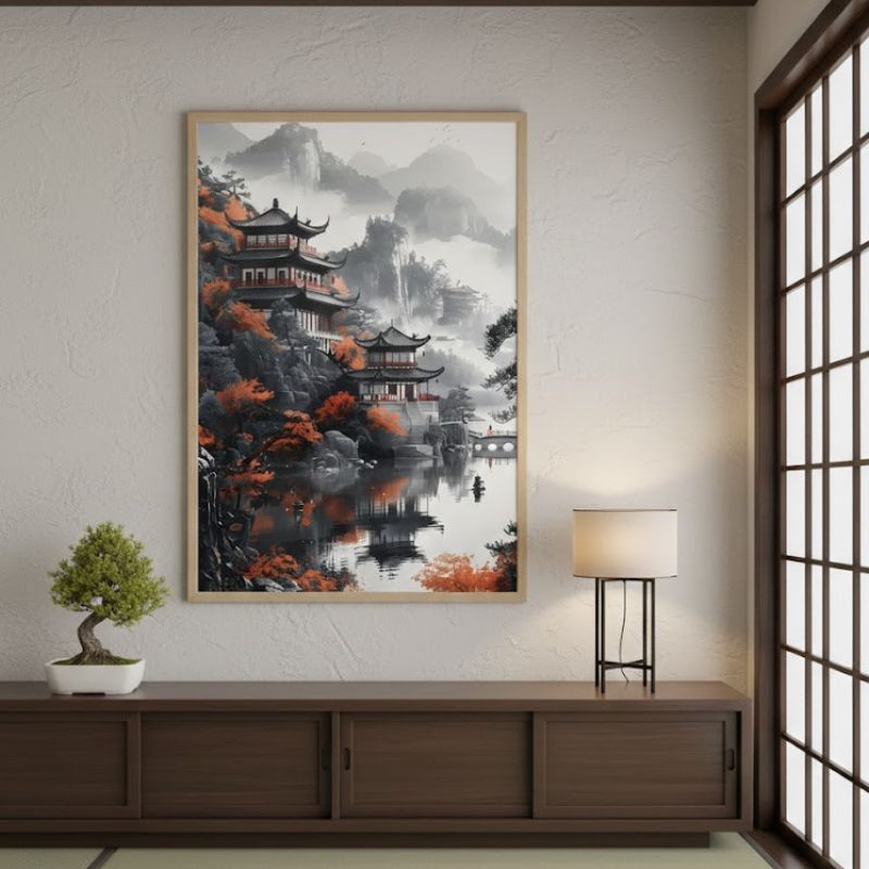 Tableau Japonais Avec Montagnes En Brume Et Sanctuaire Élégant