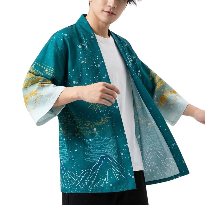 Haori Homme Japonais Motif Dragon Céleste et Paysage