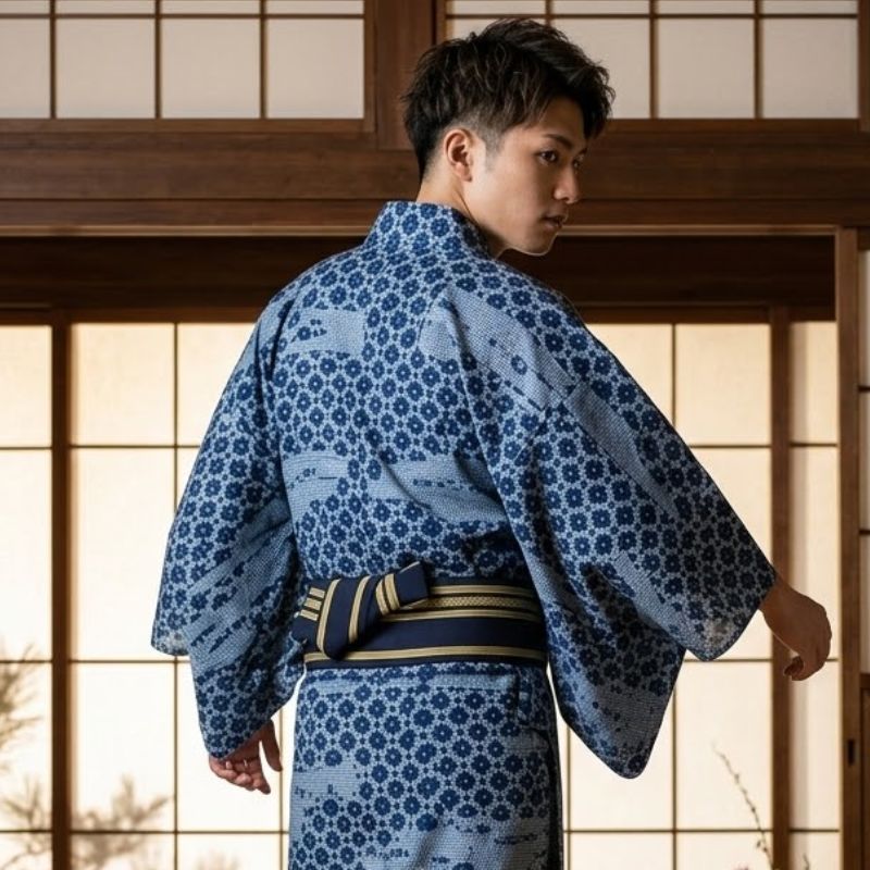 Kimono Japonais Bleu À Motifs Géométriques