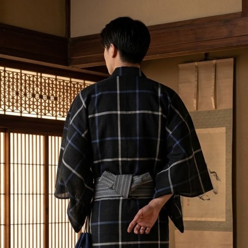 Kimono Japonais Long À Carreaux Avec Ceinture Obi Élégante