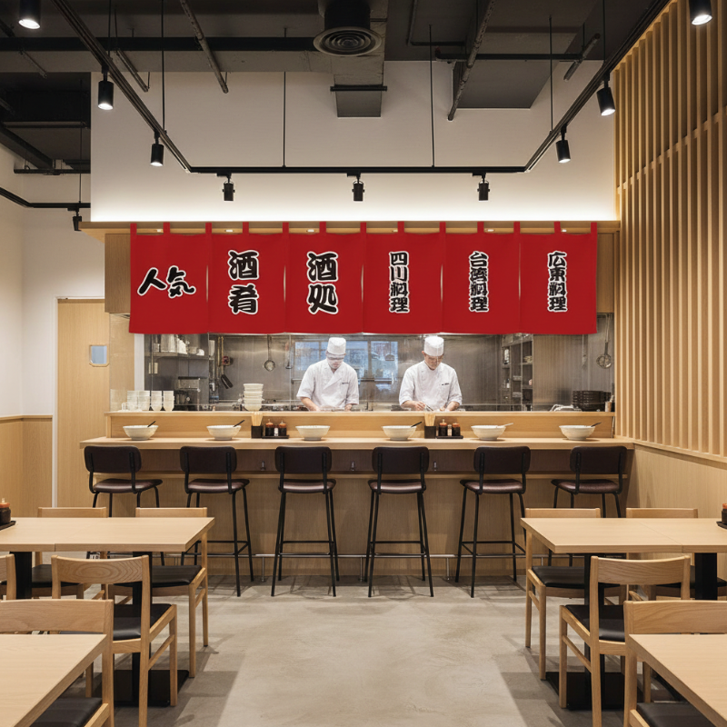 Noren Japonais Rouge Avec Inscriptions Kanji Et Style Restaurant