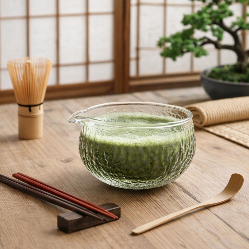Bol Matcha En Verre Texturé Avec Bec Verseur