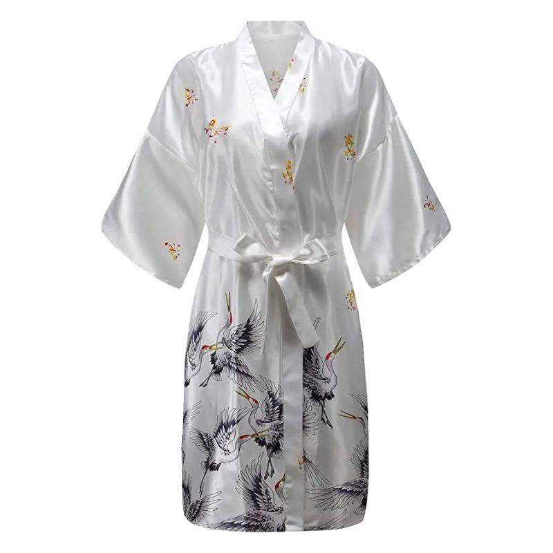 Kimono De Nuit En Satin Avec Motifs Grues Japonaises Élégantes