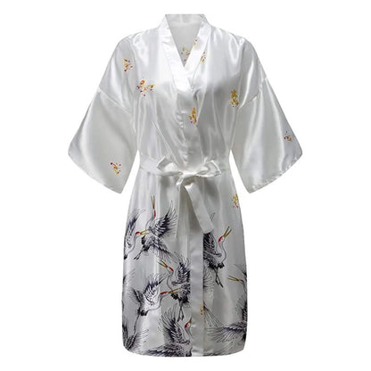 Kimono De Nuit En Satin Avec Motifs Grues Japonaises Élégantes