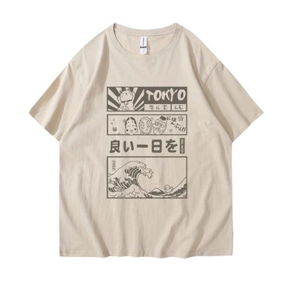 T-Shirt Japonais Avec Illustrations Tokyo Et Vagues Rétro
