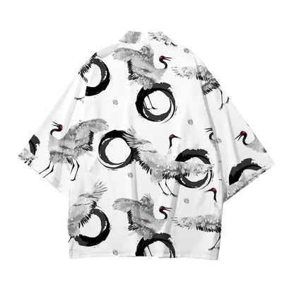 Haori Homme Japonais Blanc Motif Grues et Cercle Enso