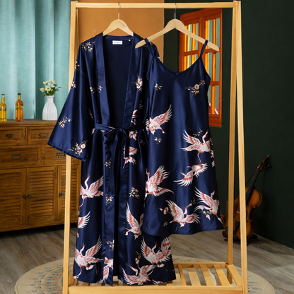 Ensemble Kimono En Satin Avec Motifs Grues