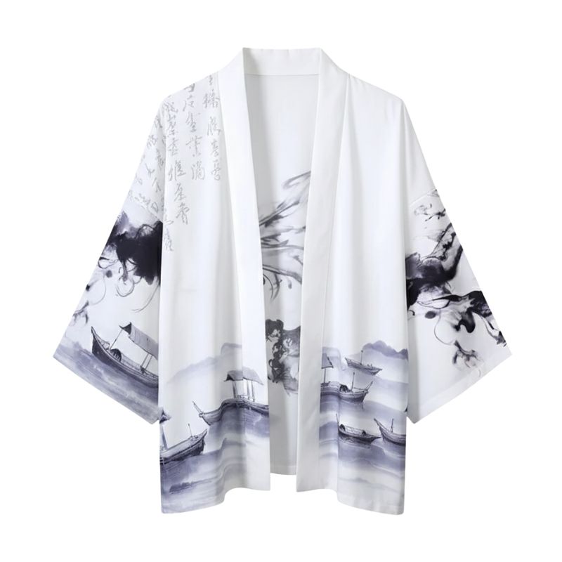 Veste Kimono Blanc En Motif Encre Japonaise Artistique