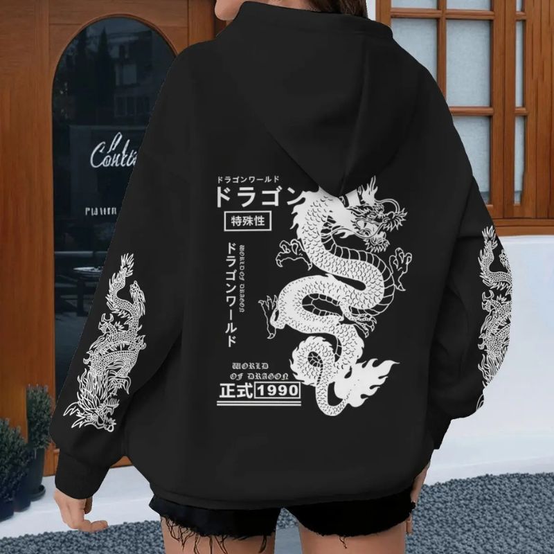 Sweat Japonais Gris à Motif Dragon Impérial
