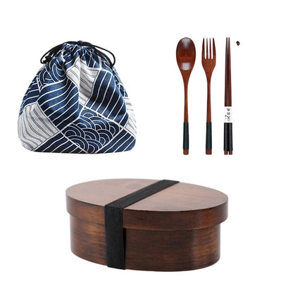 Boîte Bento Japonaise En Bois Avec Sac & Couverts