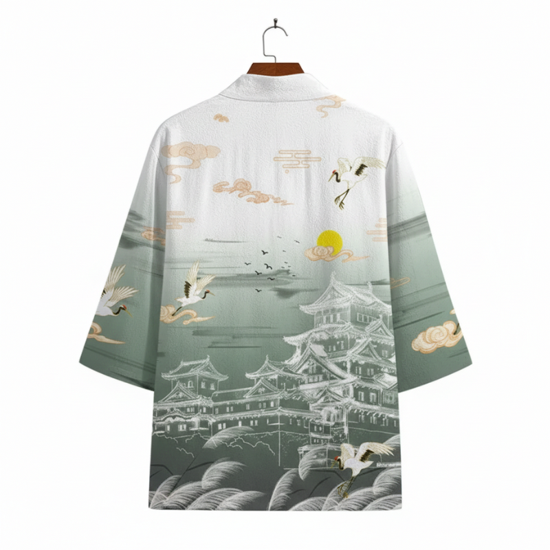 Haori Homme Japonais Motif Château Impérial et Grues Volantes
