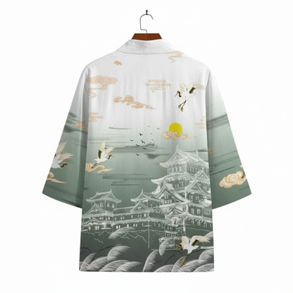 Haori Homme Japonais Motif Château Impérial et Grues Volantes