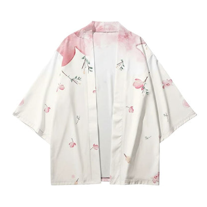 Haori Femme Blanc En Motif Fleurs Roses Délicates